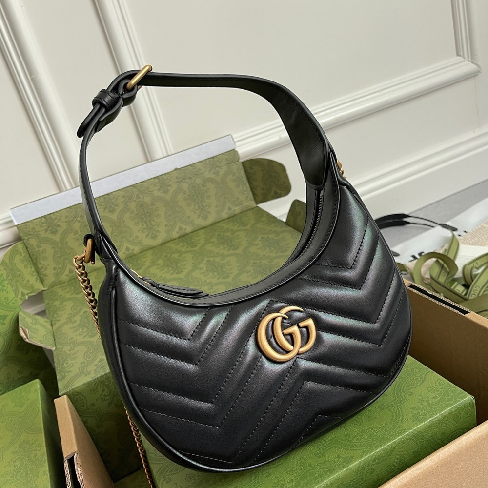 Gucci GG Marmont Half-moon Mini Bag in Black Chevron Leather