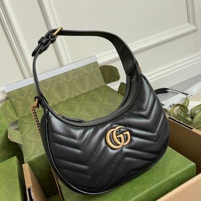 Gucci GG Marmont Half-moon Mini Bag in Black Chevron Leather