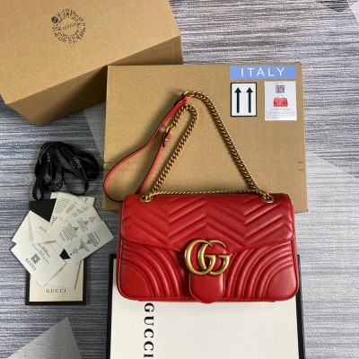 Gucci GG Marmont Medium Shoulder Bag in Red Chevron Leather