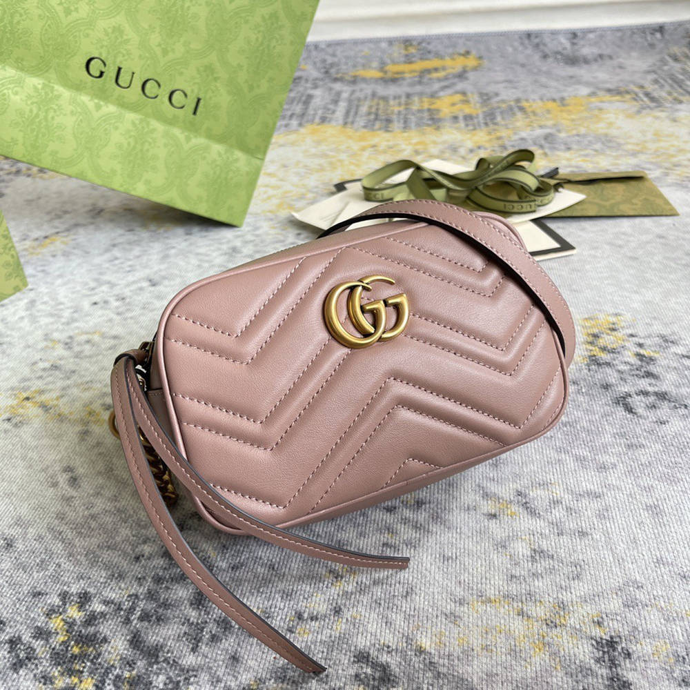 Gucci GG Marmont Mini Camera Bag in Nude Chevron Leather