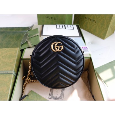 Gucci GG Marmont Mini Round Bag in Black Chevron Calfskin