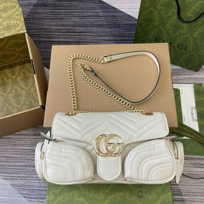 Gucci GG Marmont Small Bag with Multi-pocket in White Chevron Leather