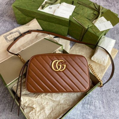 Gucci GG Marmont Small Camera Bag in Brown Diagonal Leather