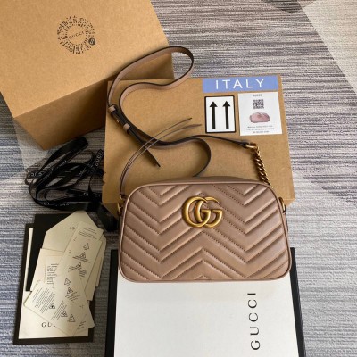 Gucci GG Marmont Small Camera Bag in Nude Chevron Leather