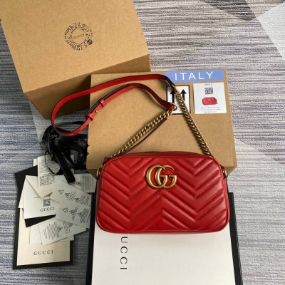 Gucci GG Marmont Small Camera Bag in Red Chevron Leather