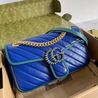 Gucci GG Marmont Small Shoulder Bag In Blue Matelasse Diagonal Leather