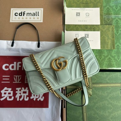 Gucci GG Marmont Small Shoulder Bag in Pale Green Chevron Leather