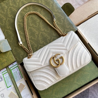 Gucci GG Marmont Small Shoulder Bag in White Chevron Leather