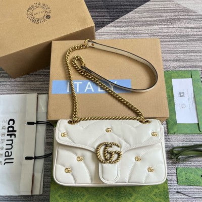 Gucci GG Marmont Small Shoulder Bag in White Leather with Double G Studs