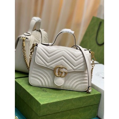 Gucci GG Marmont Small Top Handle Bag in White Chevron Calfskin