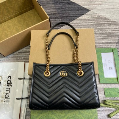 Gucci GG Marmont Small Tote in Black Chevron Calfskin