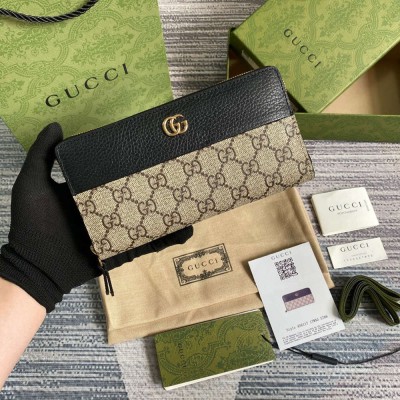 Gucci GG Marmont Zip Around Wallet in GG Supreme with Black Leather