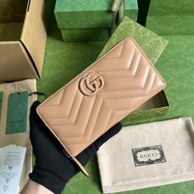 Gucci GG Marmont Zip Around Wallet In Rose Beige Matelasse Leather