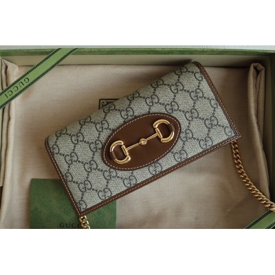 Gucci Horsebit 1955 Chain Wallet in GG Supreme with Brown Leather