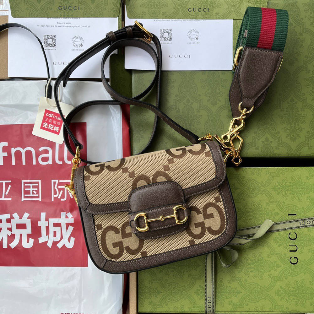 Gucci Horsebit 1955 Mini Bag in Camel Jumbo GG Canvas