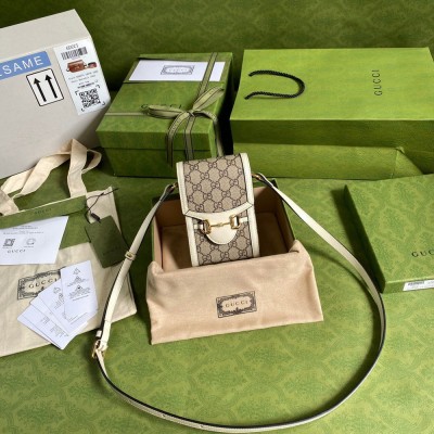 Gucci Horsebit 1955 Mini Bag in GG Canvas with White Leather