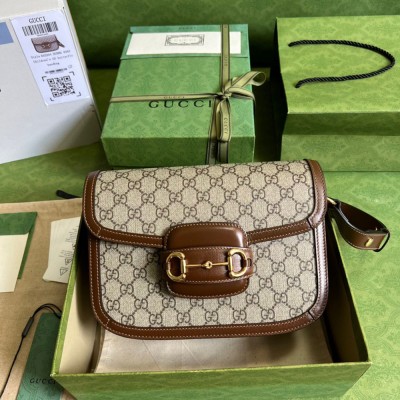 Gucci Horsebit 1955 Shoulder Bag in GG Canvas with Brown Leather