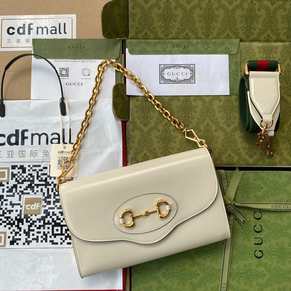 Gucci Horsebit 1955 Small Bag in White Leather with Chain