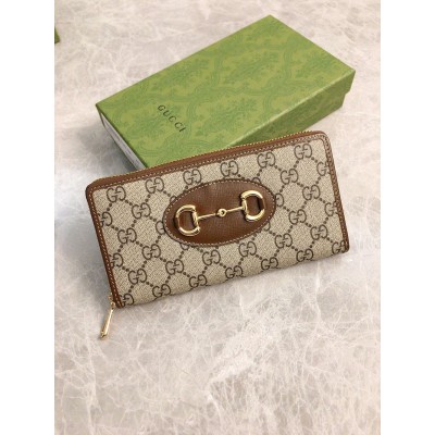 Gucci Horsebit 1955 Zip Around Wallet in GG Supreme with Brown Leaher