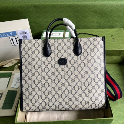 Gucci Medium Tote Bag in Blue GG Supreme Canvas with Blue Leather