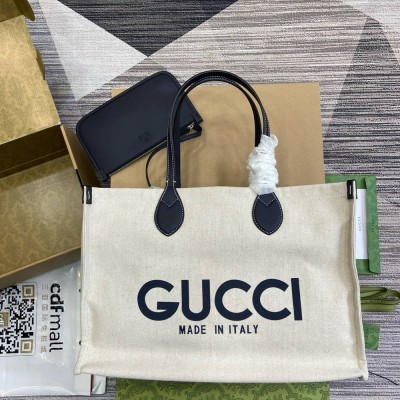 Gucci Medium Tote Bag in Canvas with Blue Gucci Print