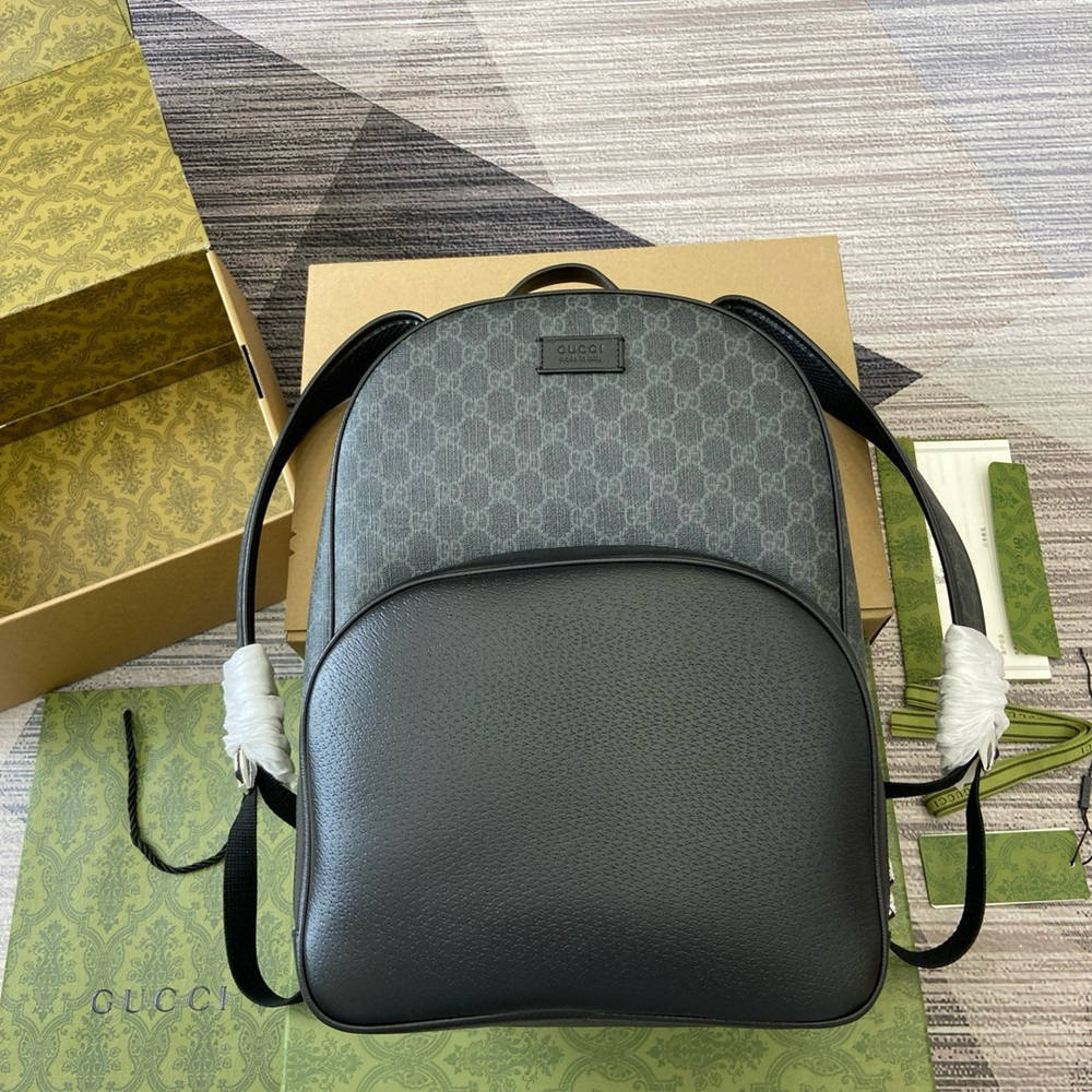 Gucci Men's Backpack in Black Leather with GG Supreme Canvas