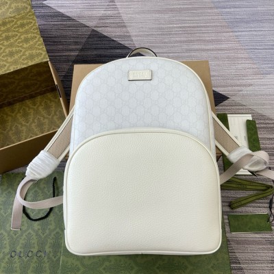 Gucci Men's Backpack in White Leather with GG Supreme Canvas