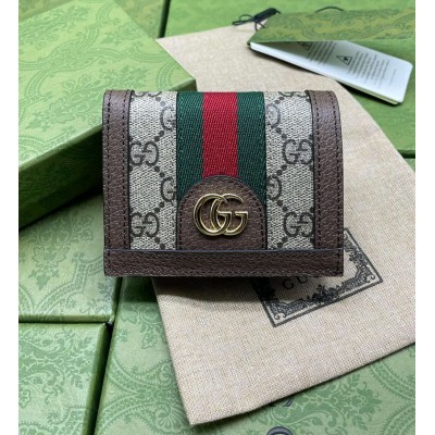 Gucci Ophidia Card Case Wallet in Beige Canvas with Brown Leather