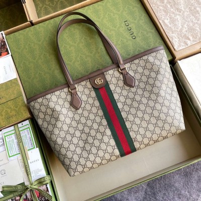 Gucci Ophidia GG Medium Tote Bag in GG Canvas with Brown Leather