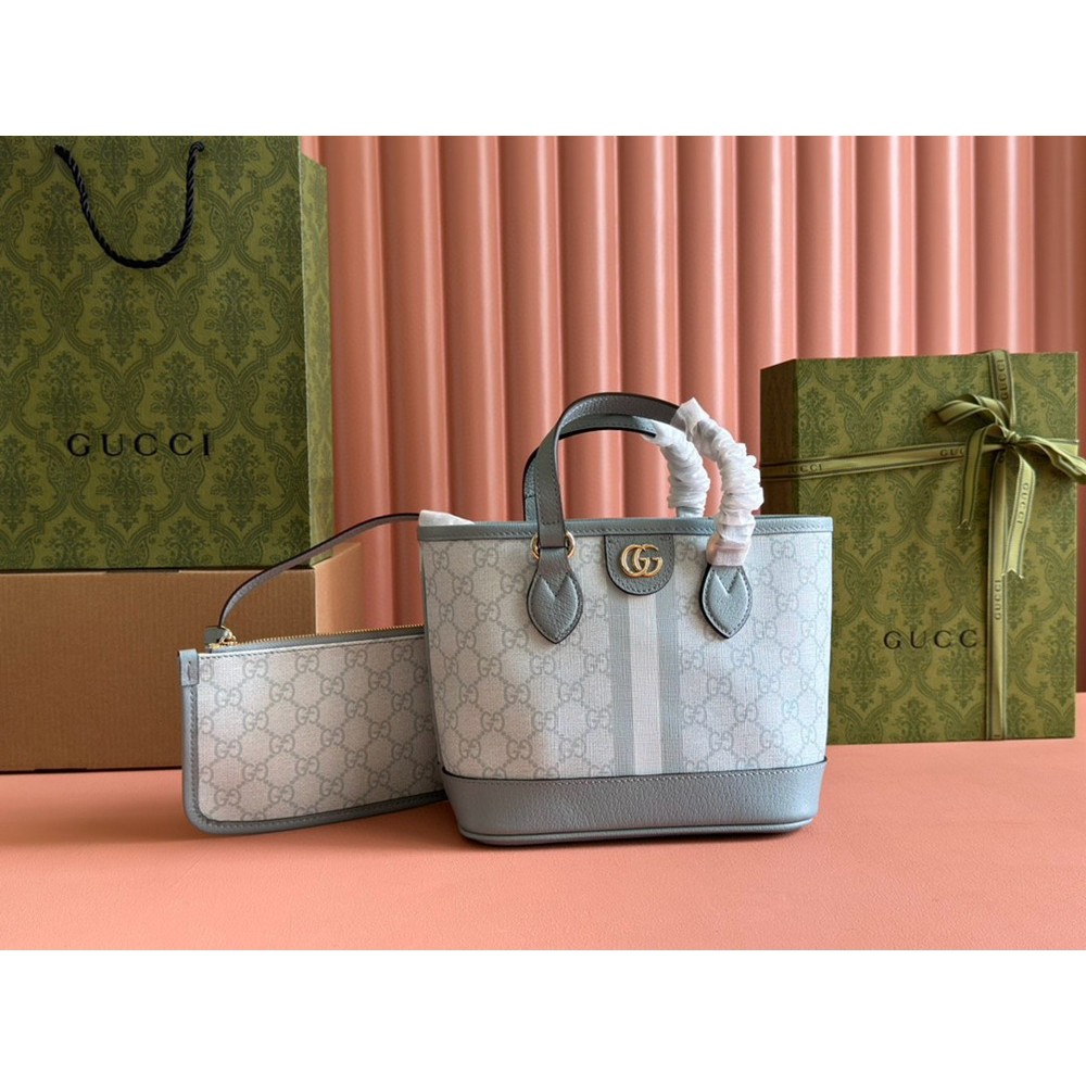 Gucci Ophidia Mini Tote Bag in Dusty Blue GG Supreme Canvas