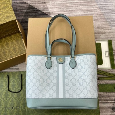 Gucci Ophidia Small Tote Bag in Dusty Blue GG Supreme Canvas