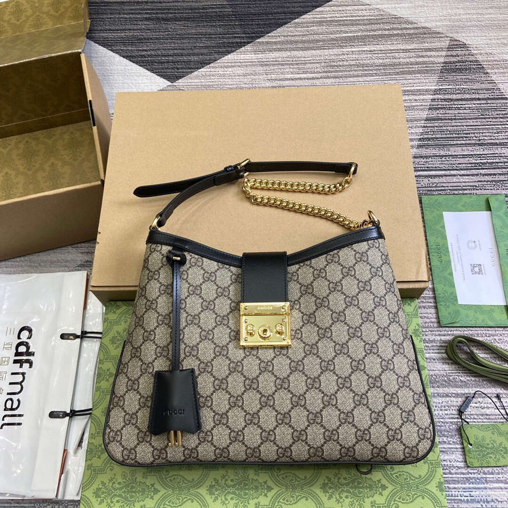 Gucci Padlock Medium Shoulder Bag in GG Canvas with Black Calfskin