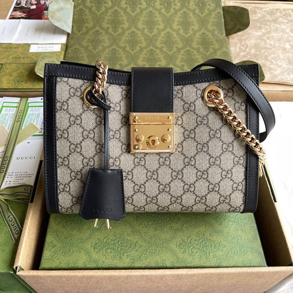 Gucci Padlock Small Shoulder Bag in GG Canvas with Black Calfskin