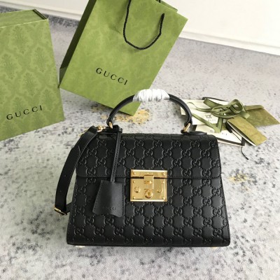 Gucci Padlock Small Top Handle Bag in Black Signature Leather