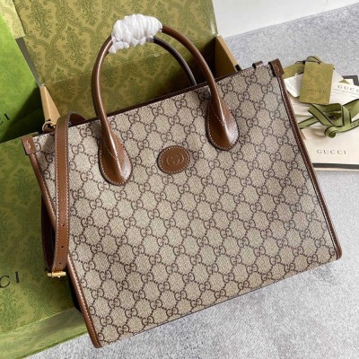 Gucci Small Tote Bag in Beige GG Supreme Canvas with Brown Leather