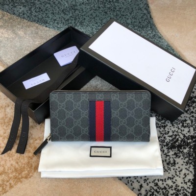 Gucci Zip Around Wallet in Black GG Supreme Canvas with Web