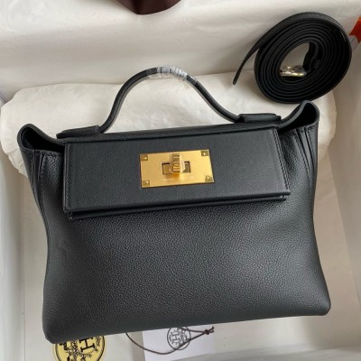 Hermes 24/24 Mini 21 Handmade Bag in Black Evercolor Leather TDBS25973