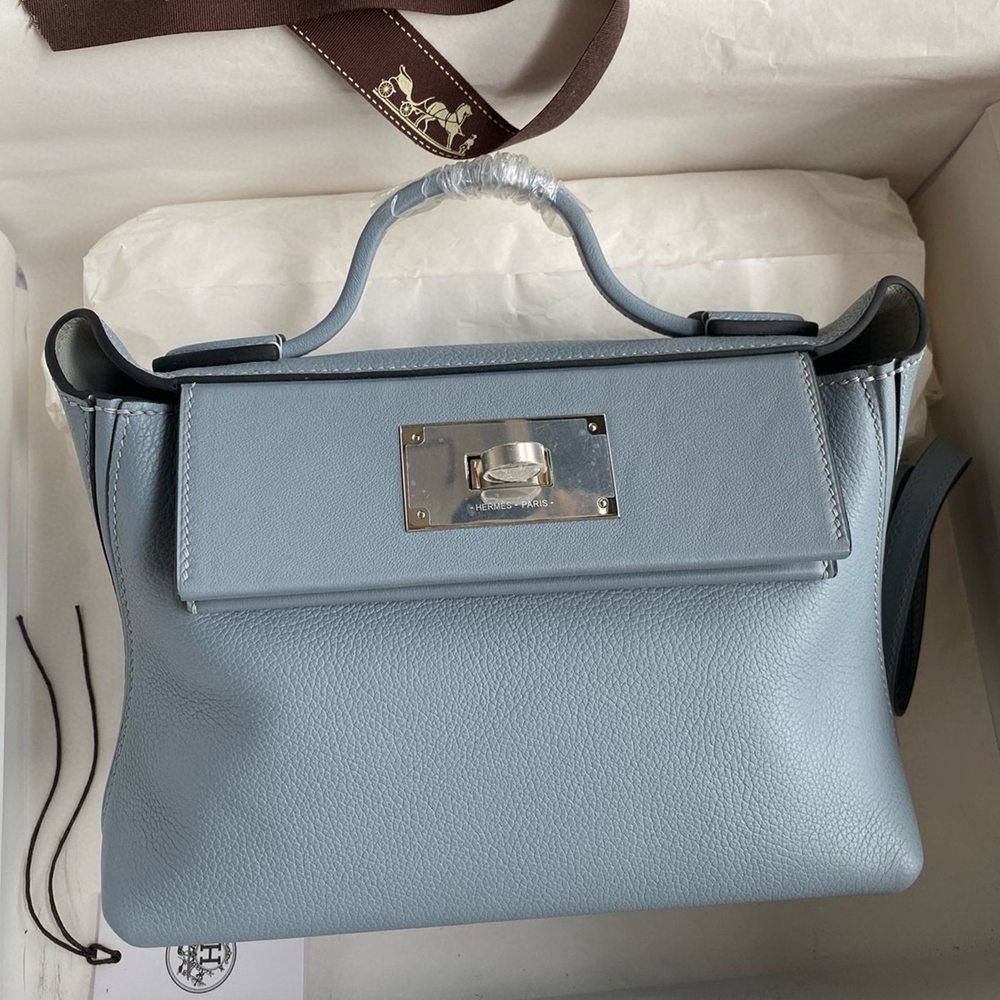 Hermes 24/24 Mini 21 Handmade Bag in Blue Lin Evercolor Leather TDBS25974