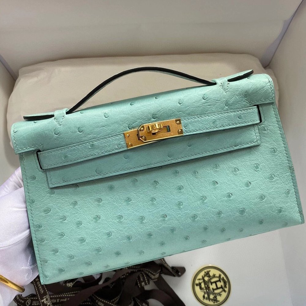 Hermes Aqua Kelly Pochette Ostrich Handmade Bag TDBS26753