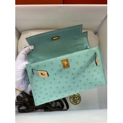 Hermes Aqua Kelly Pochette Ostrich Handmade Bag TDBS26753