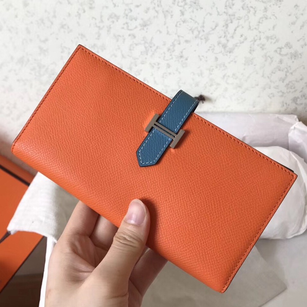 Hermes Bi-Color Epsom Bearn Wallet Orange/Blue Jean TDBS27710