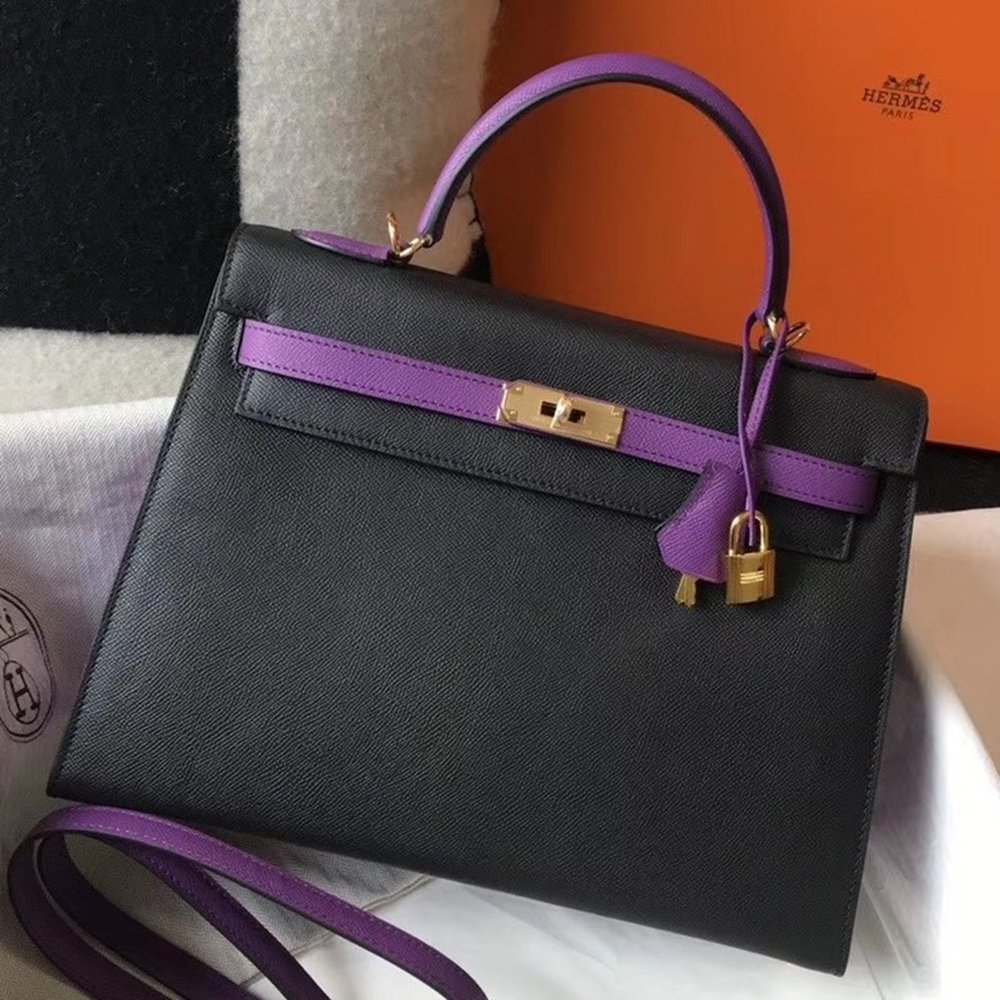 Hermes Bi-color Kelly 32cm Epsom Bag Black/Purple GHW TDBS26763