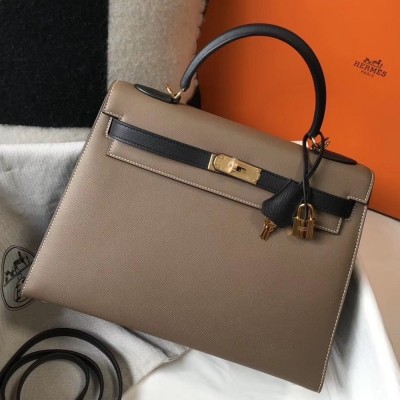 Hermes Bi-color Kelly 32cm Epsom Bag Taupe/Black GHW TDBS26766