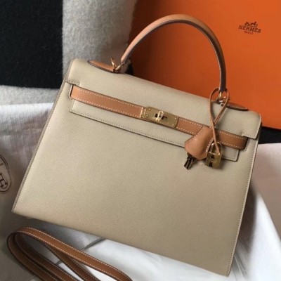 Hermes Bi-color Kelly 32cm Epsom Bag Tourterelle/Gold GHW TDBS26767