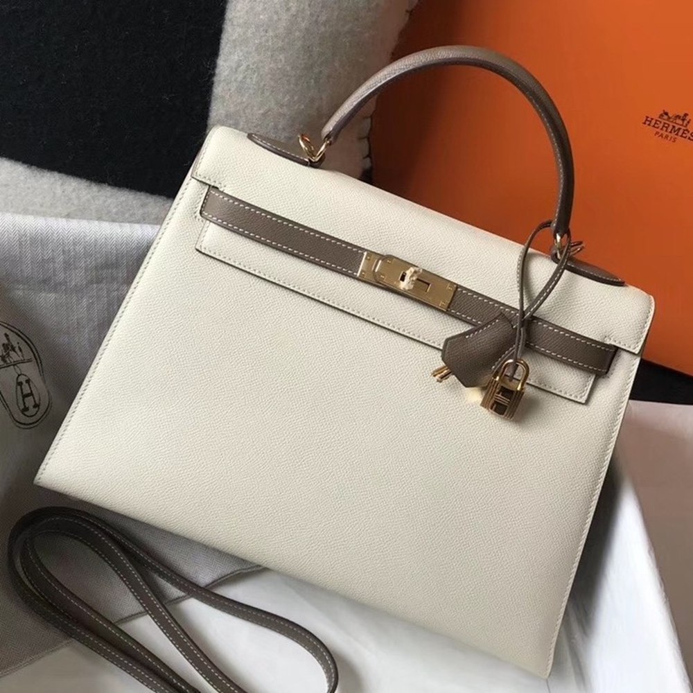 Hermes Bi-color Kelly 32cm Epsom Bag White/Taupe GHW TDBS26768