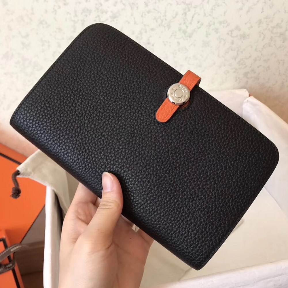 Hermes Bicolor Dogon Duo Wallet In Black/Orange Leather TDBS27698