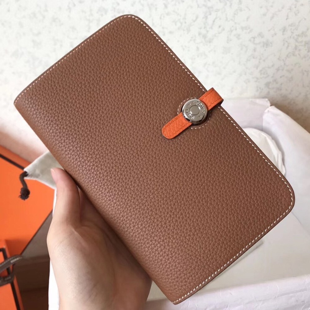 Hermes Bicolor Dogon Duo Wallet In Brown/Orange Leather TDBS27701