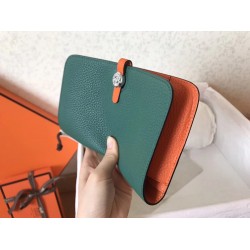 Hermes Bicolor Dogon Duo Wallet In Malachite/Orange Leather TDBS27703