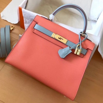 Hermes Bicolor Epsom Kelly 28cm Rose Lipstick Handmade Bag TDBS26761