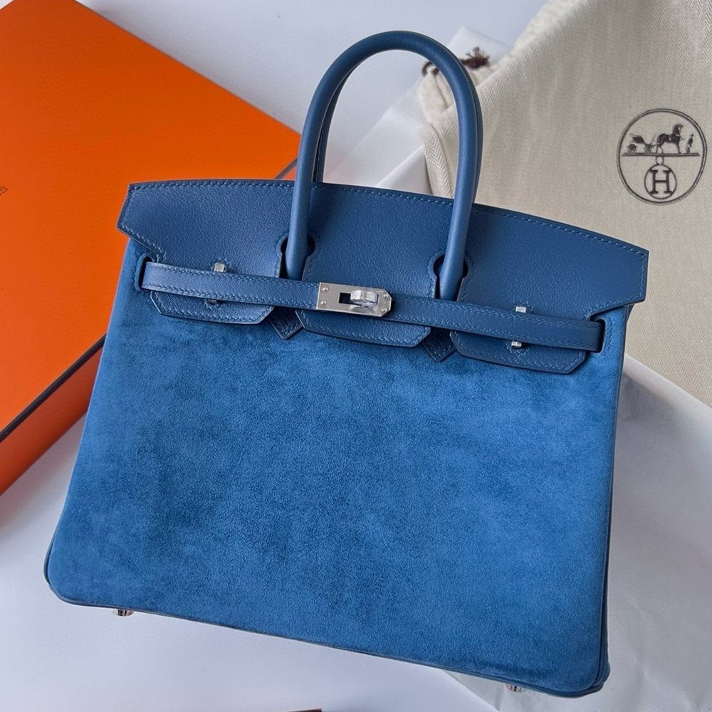 Hermes Birkin 25 Grizzly Bag in Blue Veau Doblis and Swift Leather  TDBS26011